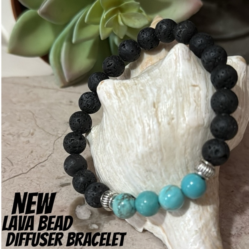 Lava Bead Diffuser Bracelet-Black & Turquoise-Stretchy-Pair with Essential Oils